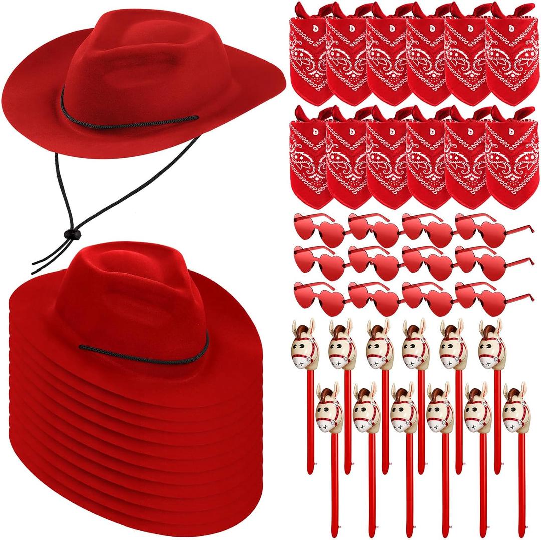 Xtinmee 48 Pcs Kids Cowboy Party Favor with Cowboy Hats Inflatable Stick Horses Bandanas Heart Glasses for Kid Costume(Red)