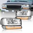 LED DRL Headlights Assembly Compatible with 1999-2007 GMC Sierra / 2000-2006 Yukon XL 1500 2500 Excluding Denali Vehicles Clear Reflector Chrome Housing