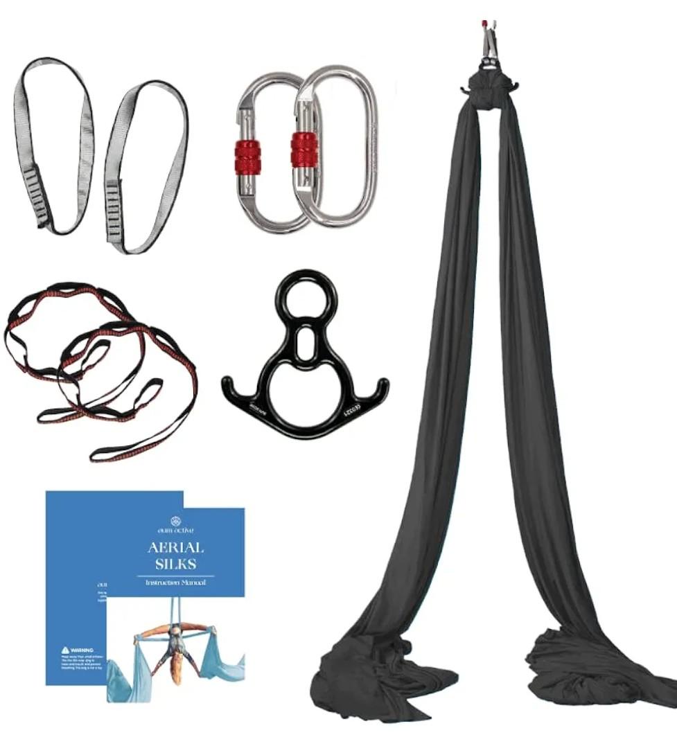 Aerial Silks Starter Kit - Durable 9 Yards of Aerial Yoga Hammock with Hardware & Guide - Aerial Swing for Acrobatic Flying Yoga & All Levels (Aerial Rigging Point Up to 13ft)