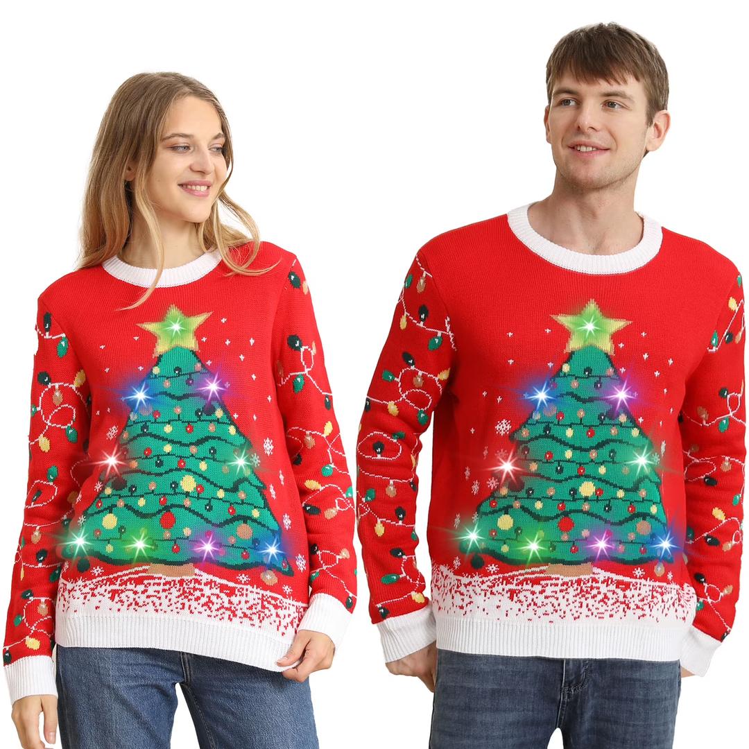 SOMSOC LED Light Up Ugly Christmas Sweater for Women Men, Xmas Jumpers Funny Knitted Sweaters with Light Bulbs, Size: M