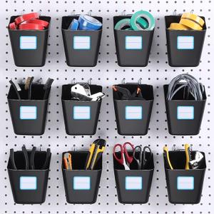 Namalu 12 Pack Peg Board Storage Bins with Labels and Hooks Square Box Shape Pegboard Cup Holder Accessories Pegboard Organizer for Craft Room Wall holder Workbench(4.7 x 4 x 5 Inch, Black)