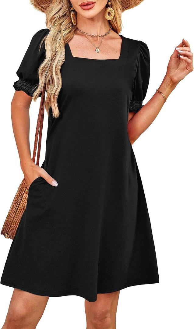 2 x RUMIA Summer Dresses for Women 2025 Casual Cute Square Neck Puff Short Sleeve Dress with Pockets (Blue, S)