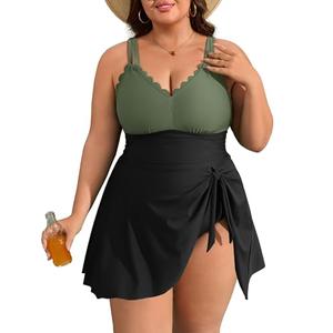 Charmo Plus Size Swimsuit for Women Swim Dress Scalloped One Piece Tummy Control Bathing Suit Ruched Swim Suits 2026 Army Green Black 2X