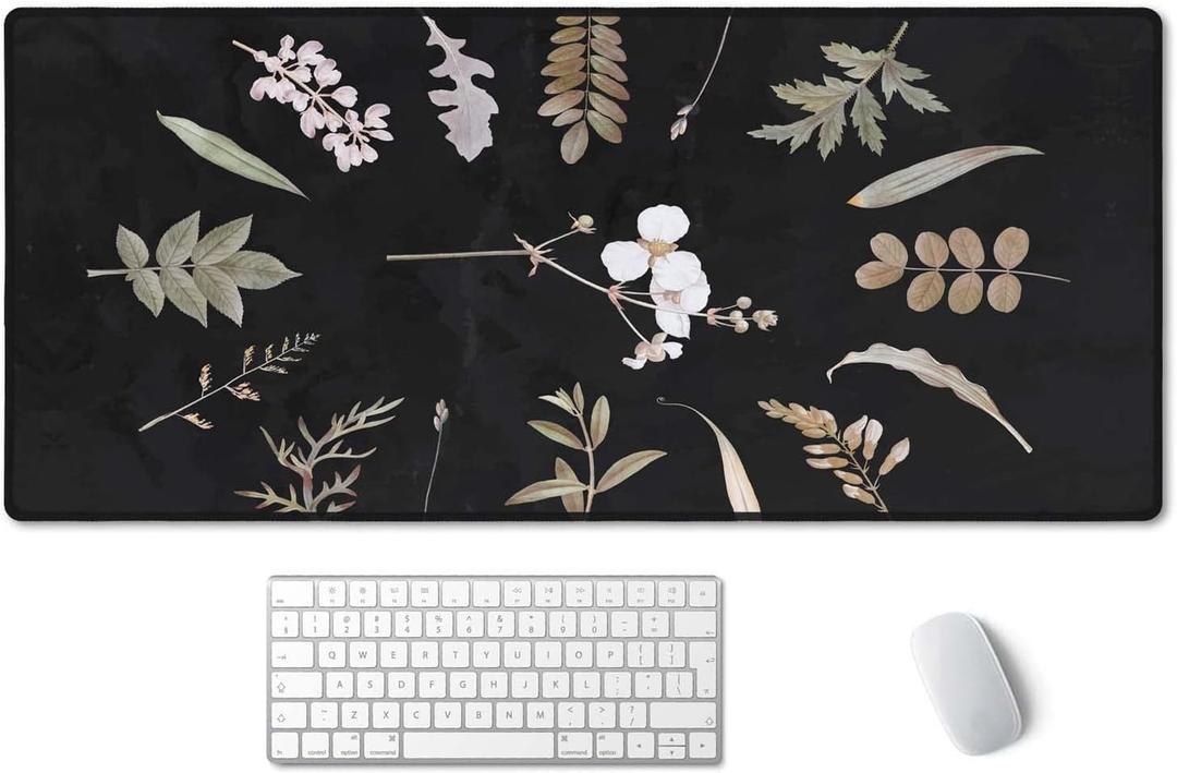 SSOIU Large Mouse Pad, Full Desk XXL Extended Gaming Mouse Pad 35.5" X 15.7", Waterproof Desk Mat with Stitched Edge, Non-Slip Laptop Computer Keyboard Mousepad for Office & Home, Floral (Dried Flower)