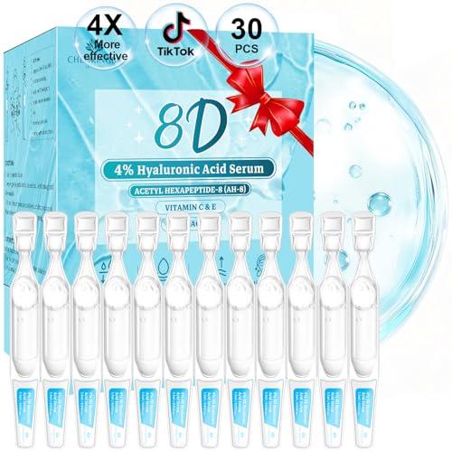 4% Hyaluronic Acid Serum for Face, 8D Hyaluronic Acid Ultra Hydrating Anti-Aging Serum with 20,000ppm Acetyl Hexapeptide-8, Korean Skincare Single-Use Ampoule for Dry & Sensitive Skin, 20 pcs