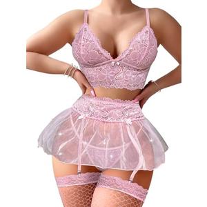 Foxiny Sexy Stocking Mini Skirt Wireless Mesh Lace Garter Lingerie with Thong Set 4 Pieces M