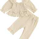 VISGOGO Baby Girl Outfit Crocheted Floral Top Linen 12 18 24M 2T 3T 4T Todder Clothes Tops + Denim Pants Set (Khaki-bow), 12-18M