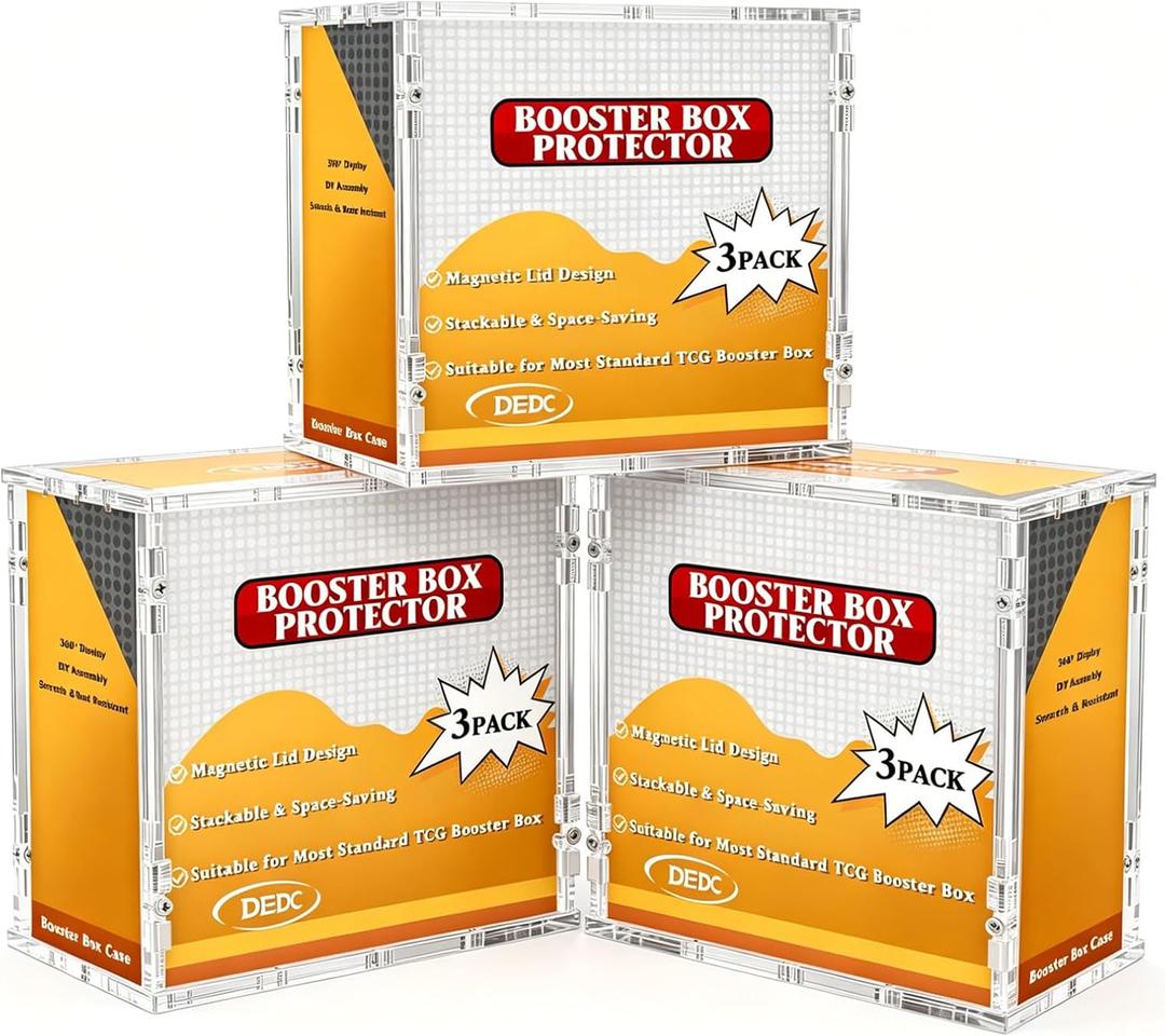 3 Pack Acrylic Booster Box Display Case with Magnetic Splicing Lid 6mm Extra Thick Clear Protector Stackable UV Protection Storage Container for Collectors Fits Standard Sealed TCG Boxes 3.1x4.8x5.4in