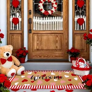 Tinideya 2 Pcs Valentine Door Mat 17"x47" Heart Welcome Non Slip Coir Mats Large Floor Romantic Layering Pink Red White Stripes Doormats Seasonal for Front Porch Entryway Decor(Romantic Heart)