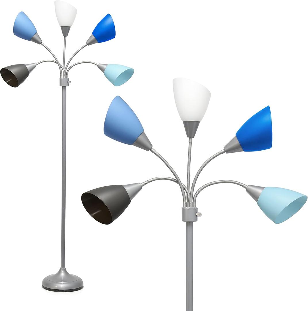 Simple Designs LF2006-SBG 67" Contemporary Multi Head Medusa 5 Light Adjustable Gooseneck Silver Floor Lamp with Blue, White, Gray Shades for Kids Bedroom Playroom Living Room Office (30 x 10 x 67)