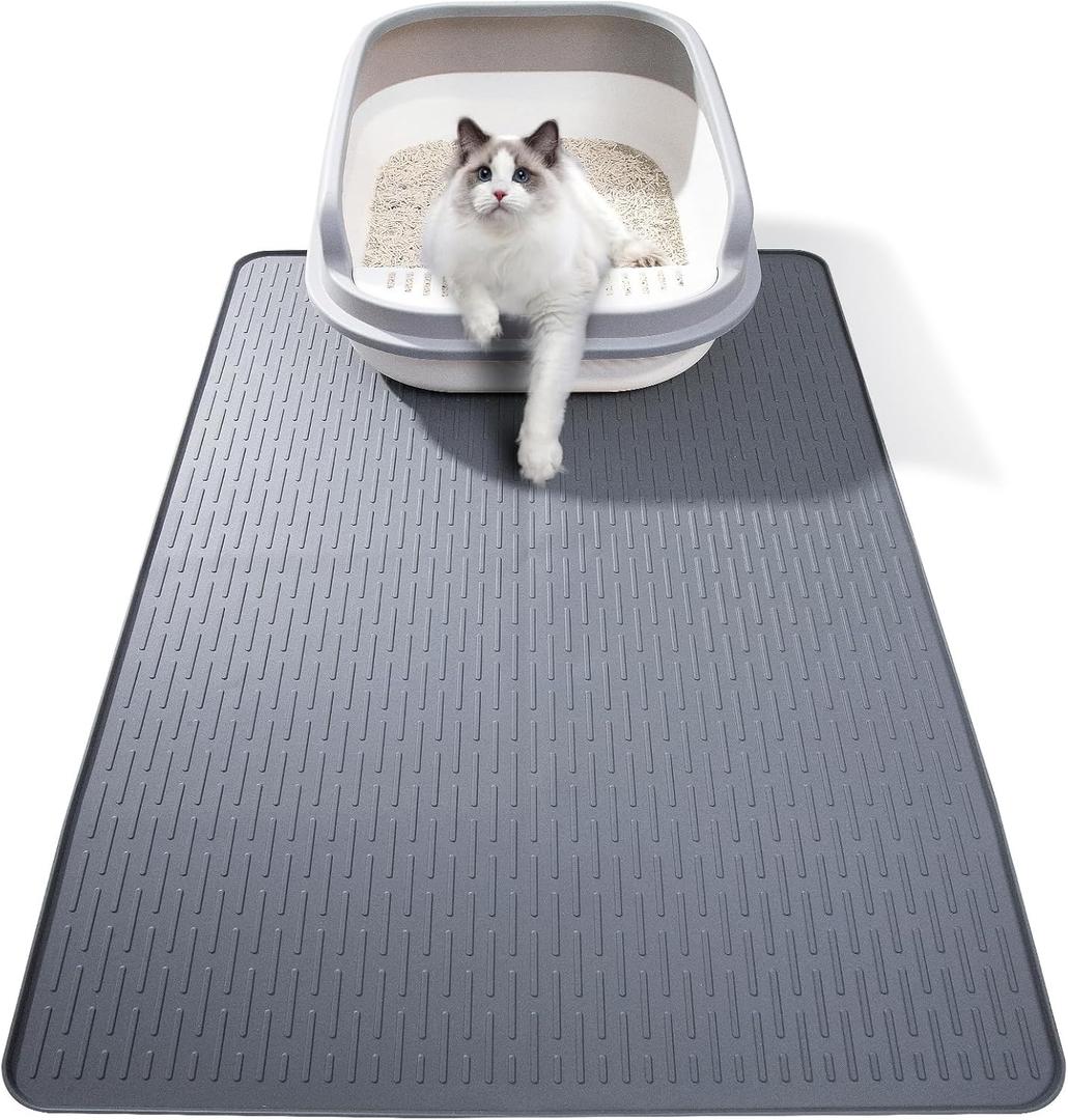 Silicone Cat Litter Mat, 34x22 in Waterproof Litter Box Mat Cats Feeding Mats with Raised Edges, Quick Clean Desig (Grey)