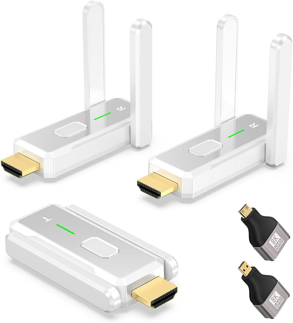 Wireless HDMI Transmitter and 2 Receivers 500FT/150M, 2.4G+5G Plug & Play Portable Wireless HDMI Splitter 1 to Multiple Screens for Video & Audio to Monitor from Laptop/PC/TV Box/Projector