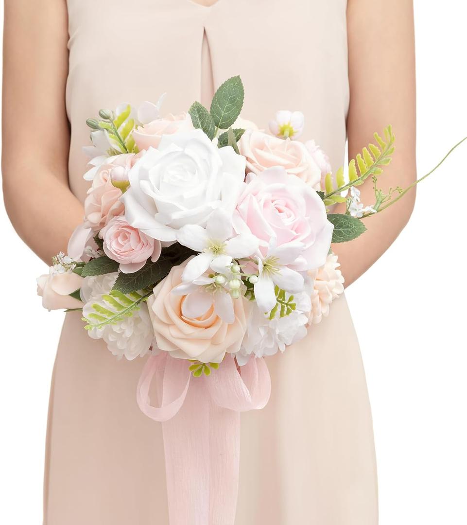 Ling's moment Blush Pink & White Bridesmaid Bouquet, Wedding Bouquets for Bridesmaids, 7 Inch Bridal Bouquets for Bridesmaids, Wedding, Ceremony, Anniversary, etc. (Pk-cream & Blush)