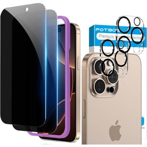 Fotbor for 2Pack iPhone 16 Pro Privacy Screen Protector with 2Pack Camera Lens Protector, Anti Spy 9H+ Tempered Glass with Easy Installation Kit, No Bubble