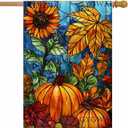 Fall House Flag 28x40 Inch Double Sided, Autumn Pumpkin Sunflower Burlap Yard Flag for Outside, Stained Glass Thanksgiving Seasonal Outdoor Decor for Home, Lawn, Porch, Farmhouse