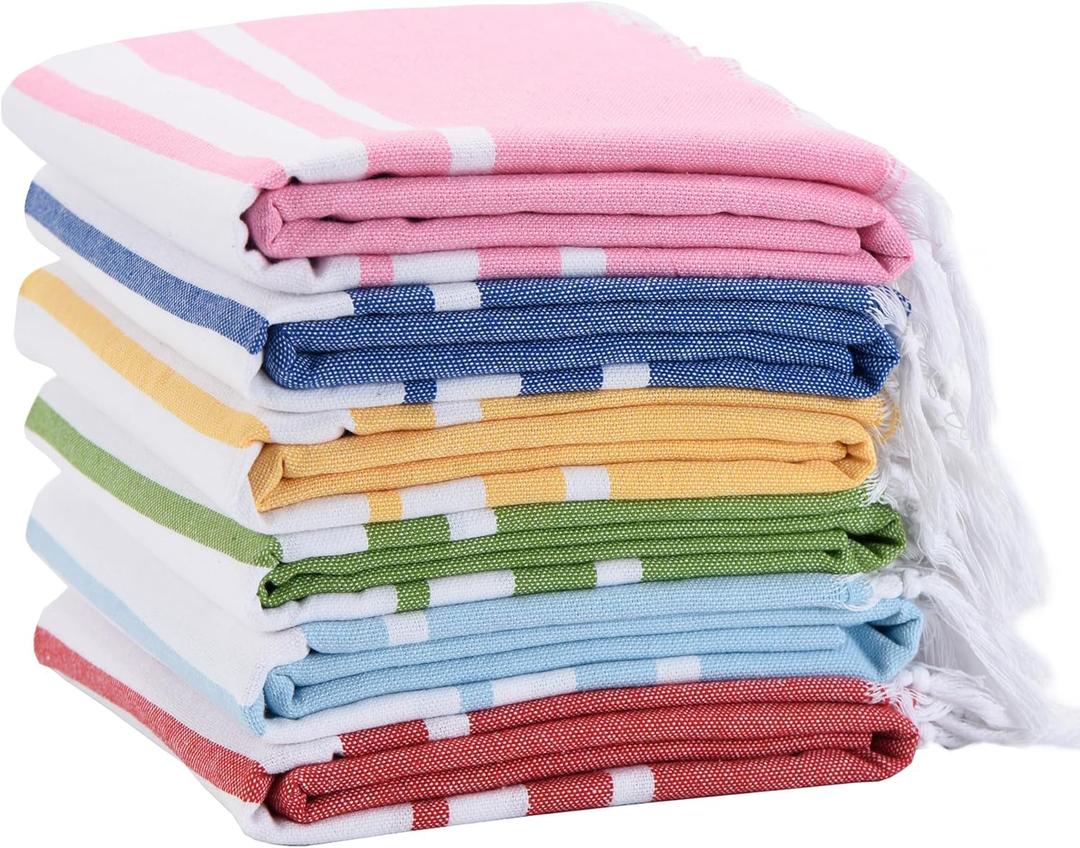 6 Pack Turkish Striped Beach Towels Bulk Oversized 39"x71" Large Bath and Pool Set Quick Dry Lightweight Travel Towel for Adult,100% Cotton (Green Pink Yellow Navy Blue Red)