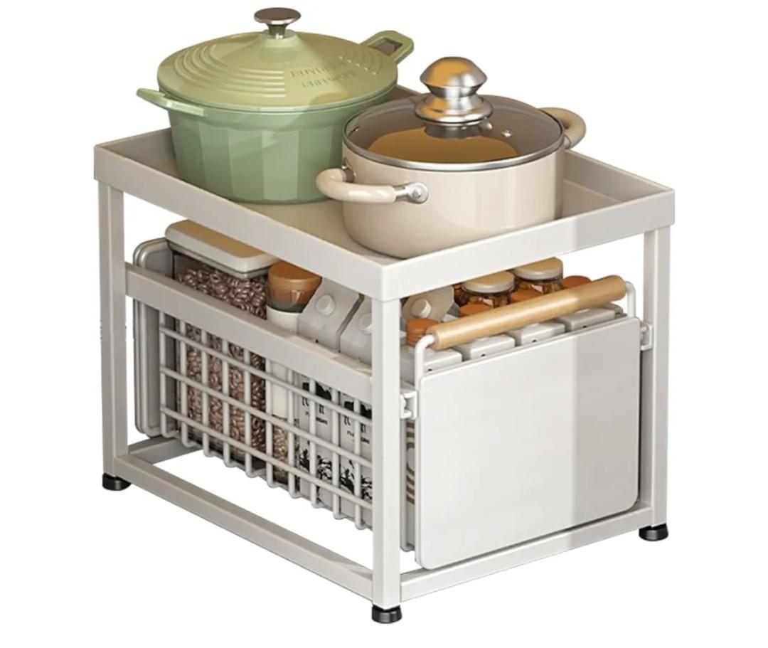 2 Tier Pull-out Storage Organizer, Slide Out Kitchen Cabinet Storage Sliding Shelves, Under Sink Organizers Drawer, Mesh Cabinet Basket with Handle for Bathroom, Home(White, Single Layer L)