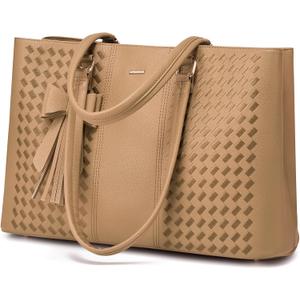LOVEVOOK Laptop Tote Bag for Women 15.6 Inch Waterproof PU Leather Computer Bags for Business Office Work Briefcase (Embroidery Apricot)