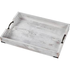 Large Wood Rectangular Serving Tray 20 x 14 Inch Rustic Wooden Ottoman Tray with Metal Handle and Wrapped Corners, Wood Coffee Table Tray Solid Pine Decorative Tray Whitewashed