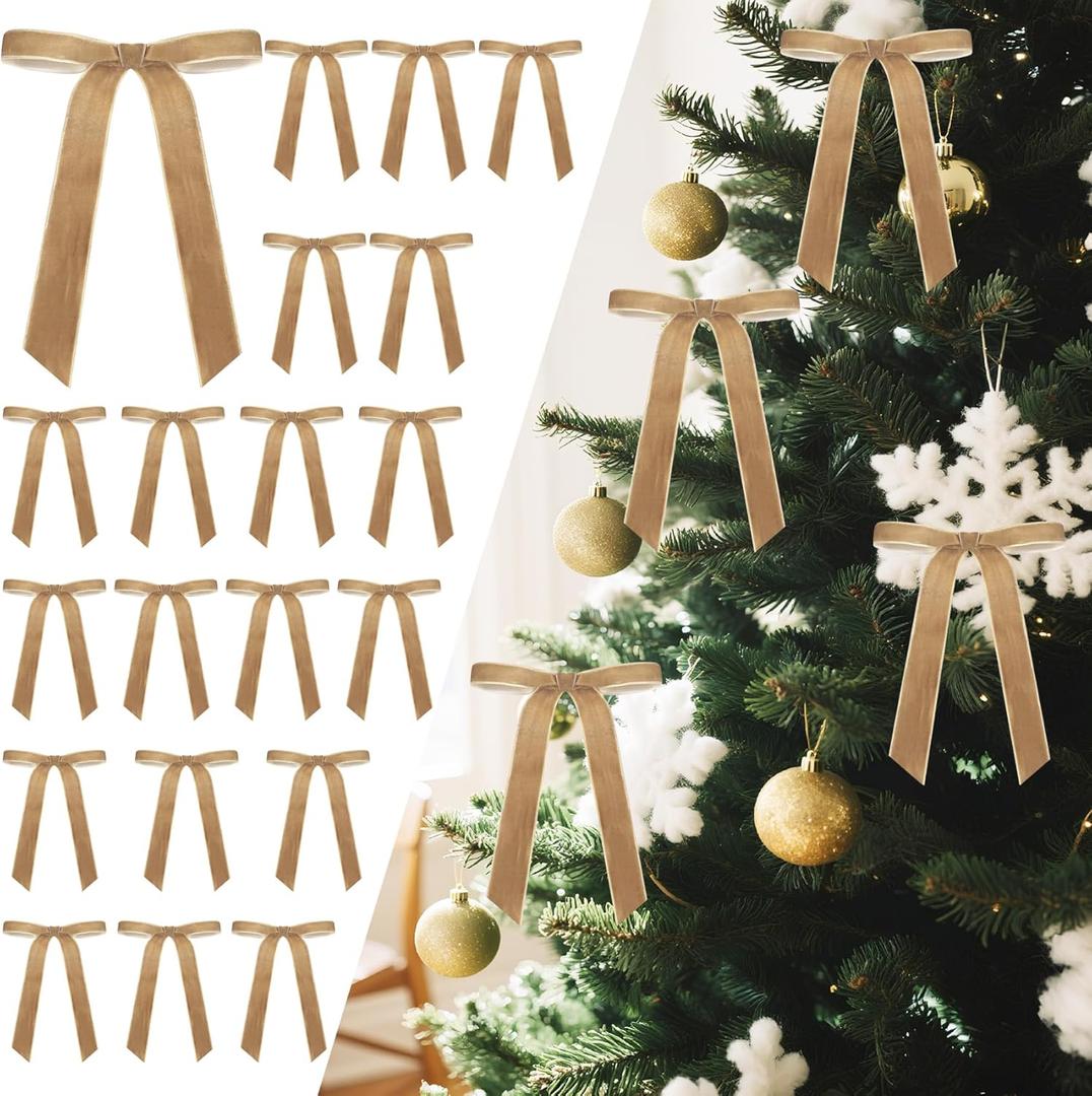 Senjie 24Pcs Christmas Velvet Bows for Tree, Vintage Ribbon Bows Ornaments for Garland Wreath Gift Wrapping Treat Bag Bakery Candy Bags DIY Crafts Holiday Decor (Khaki, 5" x 7", Width of 1")