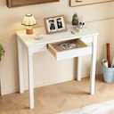 Solid Wooden Desk with Drawers - 32 x 16 Inch Narrow Desks for Small Spaces, Rubberwood Simple Study Table, Small Writing Desk for Bedroom - Modern White Desks, 31.5 in W x 15.7 in D