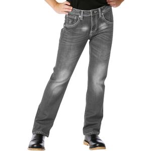 Haloumoning Boys 5-Pocket Bootcut Jeans Kids Vintage Elastic Straight Leg Denim Pants 5-14 Years (Gray)