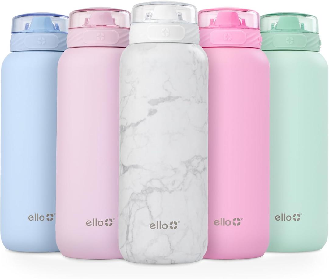 Ello Cooper 40oz Stainless Steel Water Bottle with Straw and Carry Handle, Double Walled and Vacuum Insulated Metal, Leak Proof Locking Lid with Soft Silicone Spout, Reusable, BPA Free, White Marble Ello Cooper 40oz Stainless Steel Water Bottle with Straw and Carry Handle, Double Walled and Vacuum Insulated Metal, Leak Proof Locking Lid with Soft Silicone Spout, Reusable, BPA Free, White Marble
