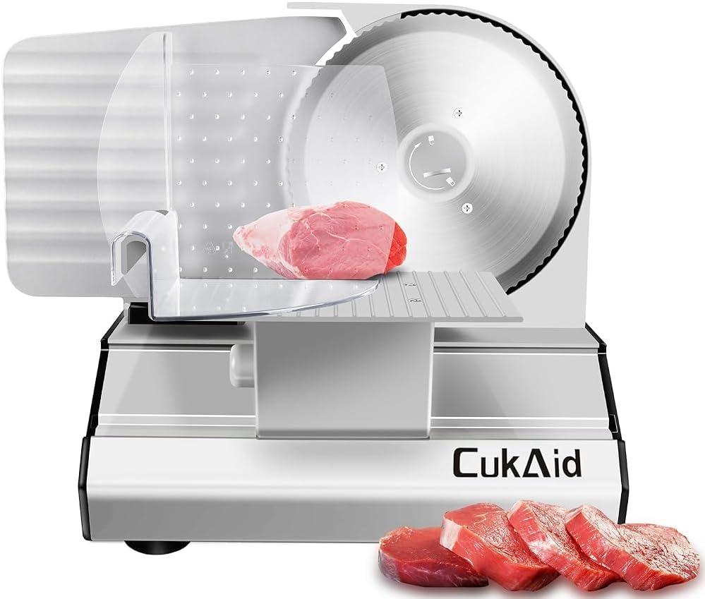 Electric Meat Slicer, 200W Meat Slicer Machine for Home Use, Deli Food Slicer, Meat Cutter Machine, Aluminum,Dishwasher Safe, Removable Blade & Food Carriage and Pusher, 7/8 Inch Adjustable Thickness (Silver)