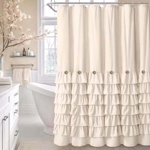 NDDYCU Ruffle Farmhouse Shower Curtain, Cream Vintage Shower Curtains for Bathroom Fabric Cute Rustic Cloth, 72" W X 72" L Inch