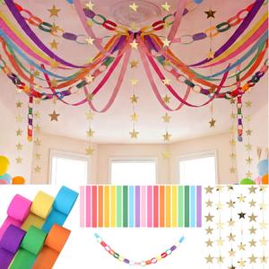 Frienda 300 Sheets Colorful Paper Chains Strips and 492 ft Crepe Paper Streamers, 52.8ft Gold Star Garlands Backdrop for Wedding Birthday Party Decorations DIY Crafts(Rainbow,Colorful)