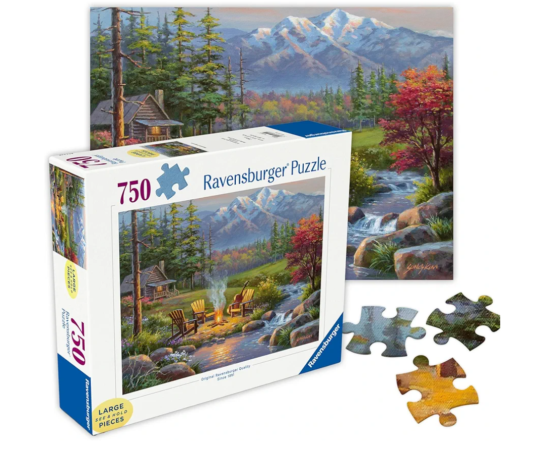 Ravensburger - Riverside Livingroom - 300 Piece Large Format Jigsaw Puzzle - Serene Vision of a Rustic Cabin, Mountains & Stream - Frameable - Premium Quality - Puzzles for Adults