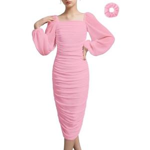 EXARUS Girls Ruched Bodycon Dress Teens Graduation Dance Party Chiffon Lantern Sleeve Midi Long Dresses , Size 10Y