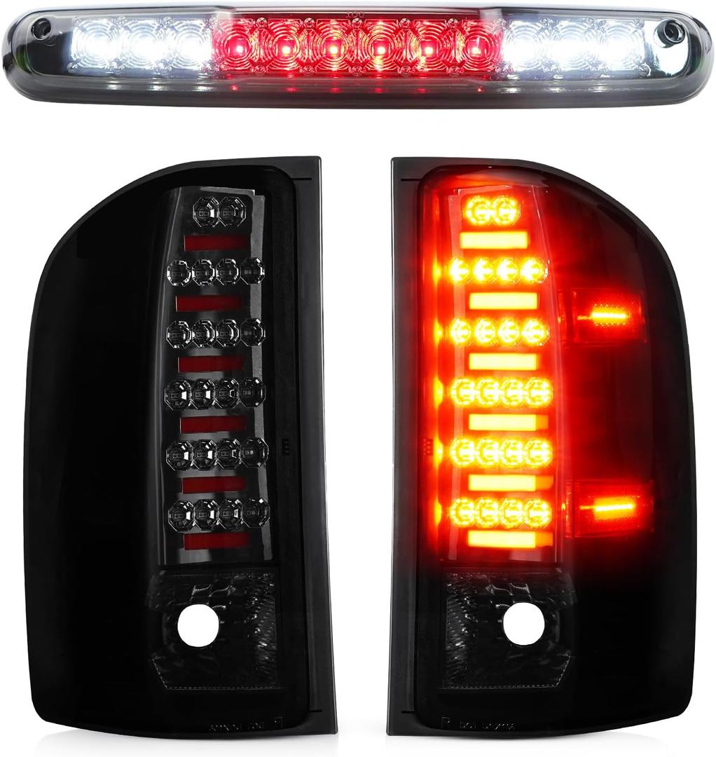 LED Tail Light Assembly + 3rd Brake Light Kit Fit for Chevy Silverado 1500 2500 HD 3500 HD 2007-2014, for GMC Sierra 3500 HD 2008-2014 with Dual Wheel Only, Pack of 3, Chrome Housing Smoke Lens