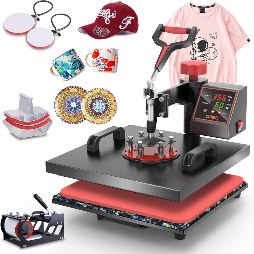 OIIEE Heat Press Machine 5 in 1 Combo Heat Press 15 x 15 Inch Heat Transfer Machine 360-Degree Swing Away Digital Shirt Printing Multi-function Heat Transfer Sublimation for T Shirts Mug Hat Plate Cap