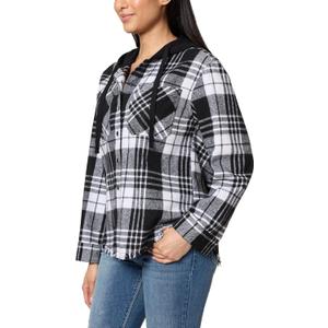 WallFlower Casual Fleece and Plaid Shackets Jackets Juniors for Women, Soft Button-Down (Medium, Black/White)