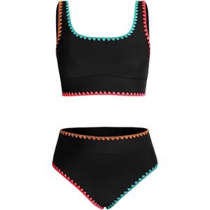Tween Girl Swimsuits Little Kids Girls Summer Swim Bathing Suits Teen Fashion Two Piece Bikini Boho Hawaii Swimwear Beach Sets Traje Baño Niñas Size 14-15 Year Old Black