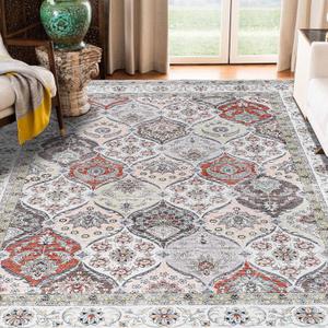 Moroccan Machine Washable 8x10 Area Rug, Boho Vintage Design Rug for Living Room Soft Rug Indoor Non-Slip, Low Pile, Easy Clean Rug for Kitchen Entryway Bathroom Bedroom Office Carpet (8ftx10ft, Red/Beige/Mutil)