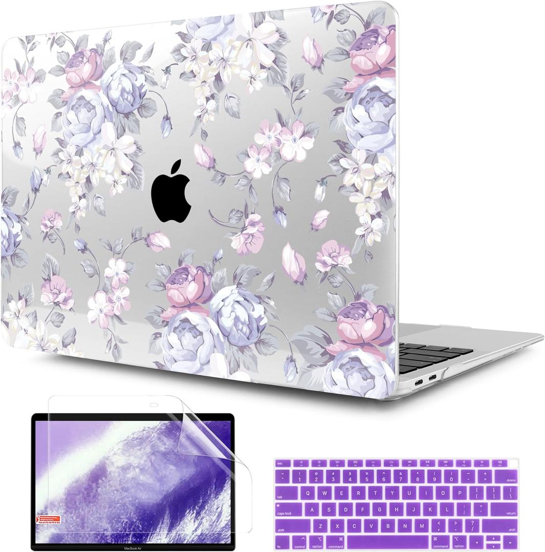 TWOLSKOO Transparent Hard Plastic Case Silicone Keyboard Cover Screen Protecor Compatible with 2018-2021 MacBook Air 13 inch A1932 A2179 A2337 M1 Purple Peony