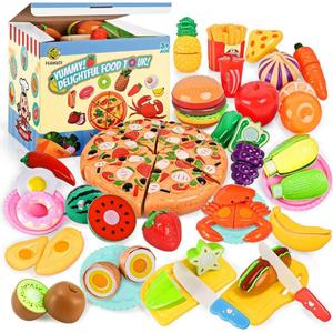70PCS Pretend Play Food Sets for Kids Kitchen Toys Accessories Set BPA Free Plastic Pizza Toy Food Fruits and Vegetables Dishes Playset Christmas Birthday Gift Toys for Toddlers Boys Girls Storage Box