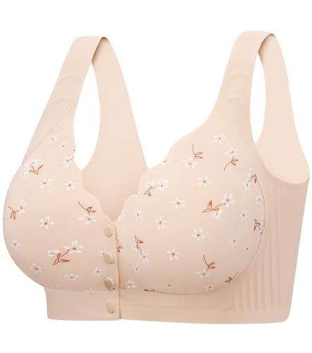 Seamless Daisy Bra for Women, Front Closure Jelly Bras Soft,Post Surgery Mastectomy Recovery,No Underwire Bralettes Beige M