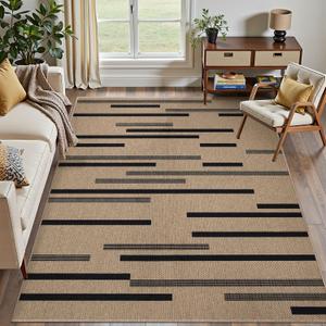 Tangsoo Washable Stripe Easy Jute Rug 4x6 for Paito,Non-Slip Indoor Outdoor Thin Carpet,Farmhouse Black Throw Mat for Front Porch Dining Room Bedroom Backyard Foyer