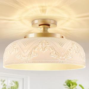 Slypadan Semi Flush Mount Ceiling Light, 12 Inch Large Gold Ceiling Light Fixture, 3-Light Globe White Glass Farmhouse Kitchen Lighting Fixtures for Bathroom, Hallway, Dining Room (Bulb Not Included)