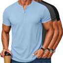 Waffle Henley Shirts for Men Short Sleeve Button Tops Casual Basic T Shirts Lightweight Summer Tees Knit 3 Pack (Blue, XL)