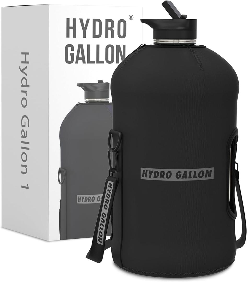 Hydro Gallon® - 1 Gallon Water Bottle Jug with Insulated Sleeve and Straw Lid, Handle, Time Marker, Pocket, Shoulder Strap. Daily Intake Leakproof BPA free Large Big Bottle Men. 128oz (Black)