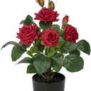Hollyone Artificial Plants & Flowers in Vase Red Roses Artificial Flowers Potted Plant Faux Silk Flower with Black Pot Fake Rose Flower Arrangement Home Decor Bathroom Shelf Desk Decoration 15 Inch