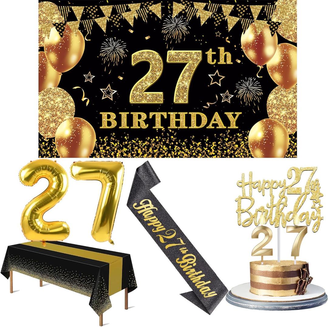 27th Birthday Decorations Men Women with 27th Birthday Banner, Black and Gold Table Cloth, Number Balloons, Large Sash, Cake Topper and Candles