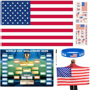 2026 Soccer Fan Accessories with Large 3 x 5 ft Flag, World Cup Bracket Poster, Stickers, Marker & Bracelet, World Cup Decorations Fan kit for Soccer Watch Party, Stadium and Home Cheering