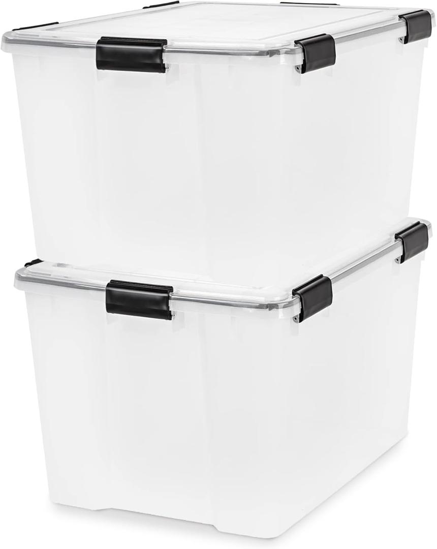 IRIS USA WeatherPro 74 Qt Storage Bins with Lids, 2 Pack, BPA-Free Plastic Gasket Box with Tight Latch and Seal, Stackable Nestable Tote Tub - Clear/Black
