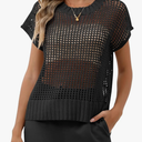 Women Summer Short Sleeve Crochet Sheer Knit Sweater Top Beach Cover Up Hollow Out Sexy See Through T-Shirts XL