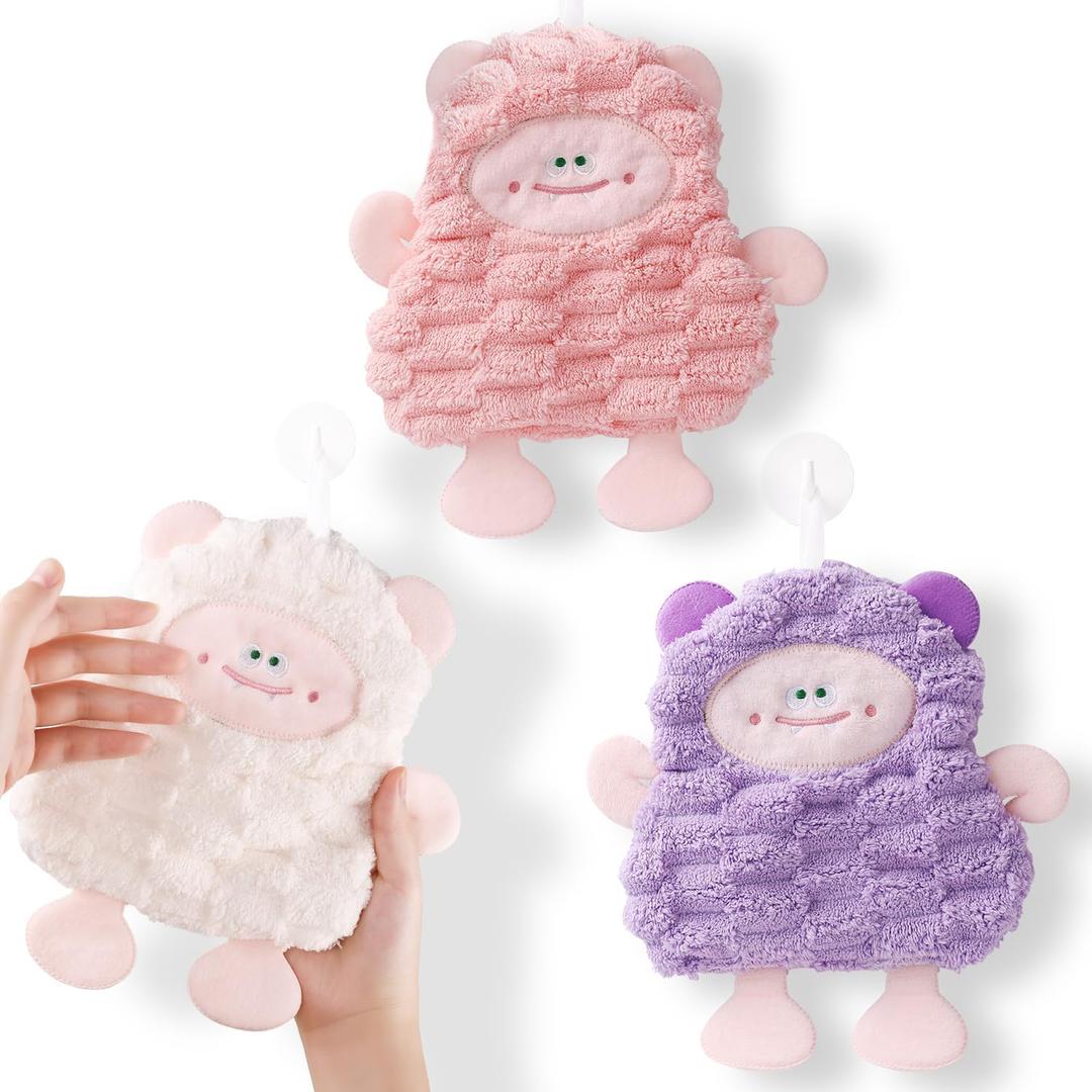 2 x 3 Pack Hand Towels for Bathroom & Kitchen - 9x7in Hanging Absorbent Coral Fleece Towel Set with Cute Lamb Design, Soft Bathroom Hand Towels for Kids Decor, Gym, Spa - White, Pink, Purple